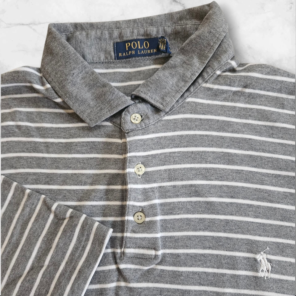 Polo Ralph Lauren Mens XXL Gray White Striped Short Sleeve Polo Shirt Classic